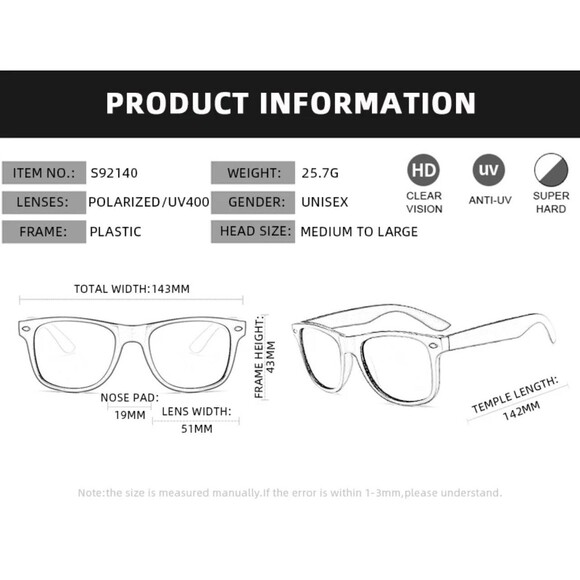 Classic Square Polarized Sunglasses Men Women Retro Black Sun Glasses Male - Picture 9 of 11